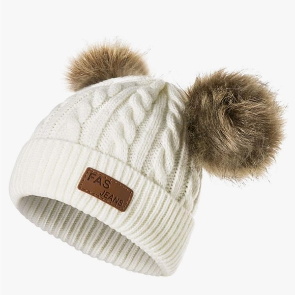 Infant Toddler Woolen Hat Cream Color Winter Twist Double Pom Pom Knitted Beanie - Picture 2 of 6